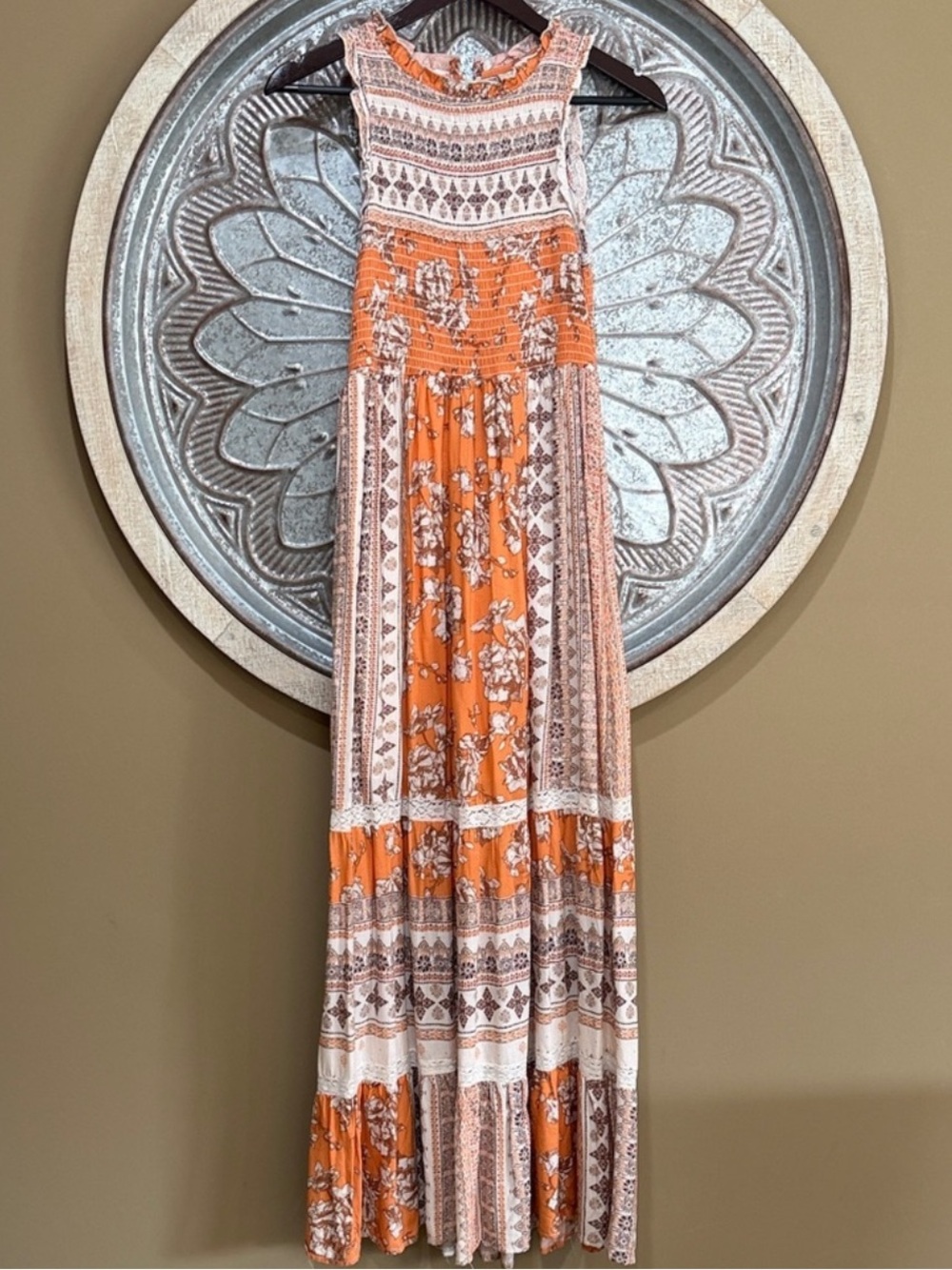 Altar'd State Orange and Cream Smocked Too Lace Detail Floral Boho Maxi Dress